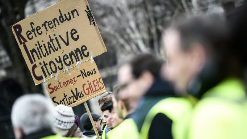 Un gilet jaune tient une pancarte mentionnant le référendum d'initiative citoyenne (RIC), le 29 décembre 2018 à Lille. (Photo d'illustration)