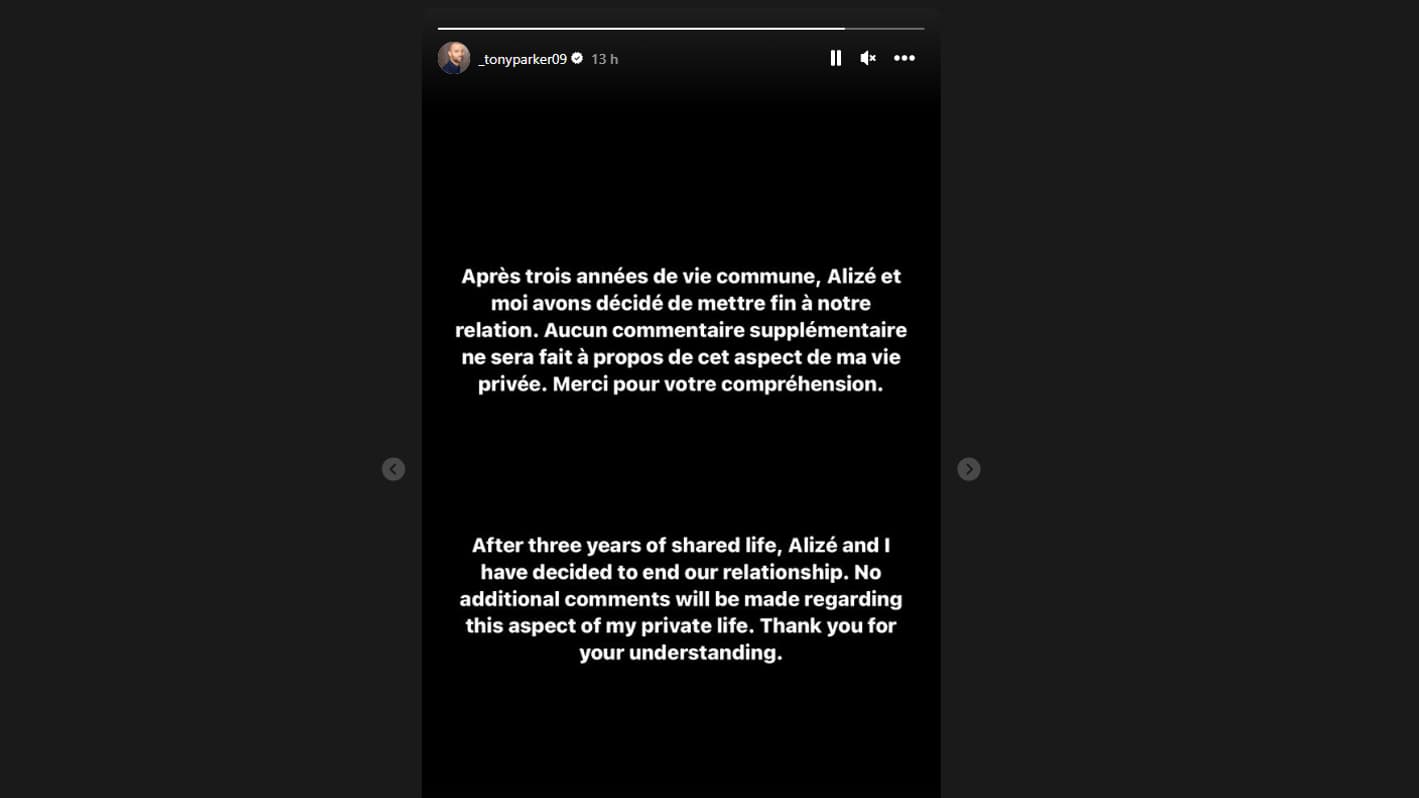 La story Instagram de Tony Parker annonçant sa séparation avec Alizé Lim