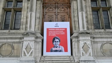 Le portrait de la chercheuse franco-iranienne Fariba Adelkhah devant l'Hôtel de Ville de Paris, le 5 juin 2020