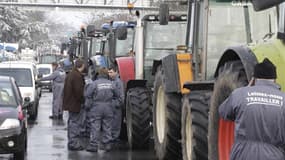 Manifestation d'agriculteurs mardi, près d'Arras. Des agriculteurs ont manifesté mercredi à Paris et dans plusieurs villes pour protester contre la transposition dans le droit français d'une directive européenne sur l'environnement. /Photo prise le 15 jan