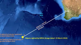 Cette carte montre l'endroit où les 122 objets ont été repérés par satellite, à 2.500 km de Perth, en Australie.