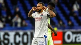 Memphis Depay avec l'OL contre Dijon, au Groupama Stadium le 28 août 2020