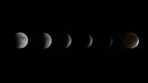 Clichés montrant la progression d'une éclipse totale de super Lune observée depuis Centreville, dans le Maryland, le 27 septembre 2015 Clichés montrant la progression d'une éclipse totale de super Lune observée depuis Centreville, dans le Maryland, le 27 septembre 2015