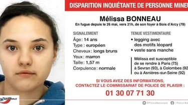 Mélissa a fugué de son foyer à Bois d'Arcy, dans les Yvelines, depuis le 26 mai dernier