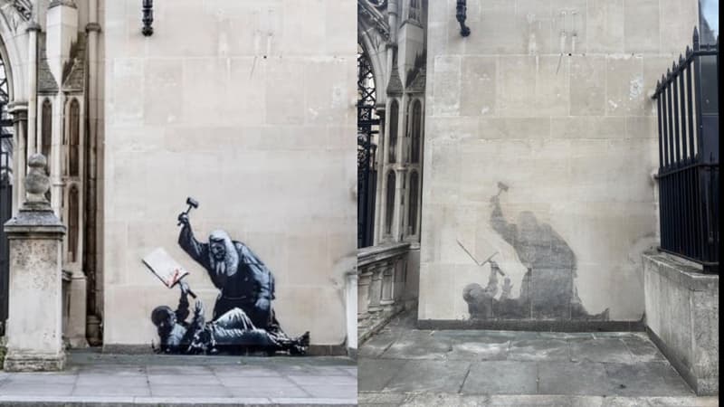 Photo d'un pochoir de l'artiste Bansky découvert sur un mur de la Cour royale de Justice de Londres (première image), le 8 septembre 2025, puis effacé dans la journée (deuxième image).
