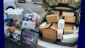 Un caddie plein de courses à gauche, et un coffre de voiture rempli de cartons de médicaments destinés à l'Ukraine.