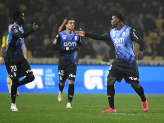 Kassoum Ouattara, Saimon Bouabre et Breel Embolo célèbrent l'égalisation de Monaco, 10 janvier 2025