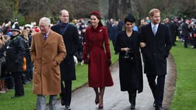 Le prince Charles, le prince William et son épouse Kate, le prince Harry et son épouse Meghan, lors d'une célébration religieuse à Sandrigham (Royaume-Uni), le 25 décembre 2018.