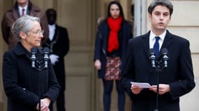 Élisabeth Borne, Gabriel Attal et sa collaboratrice Fanny Anor à Matignon le 9 janvier 2024