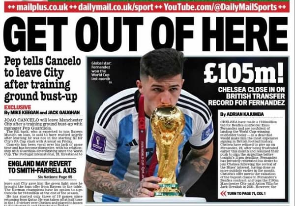 La une du cahier Sports du Daily Mail de mardi 31 janvier 2023