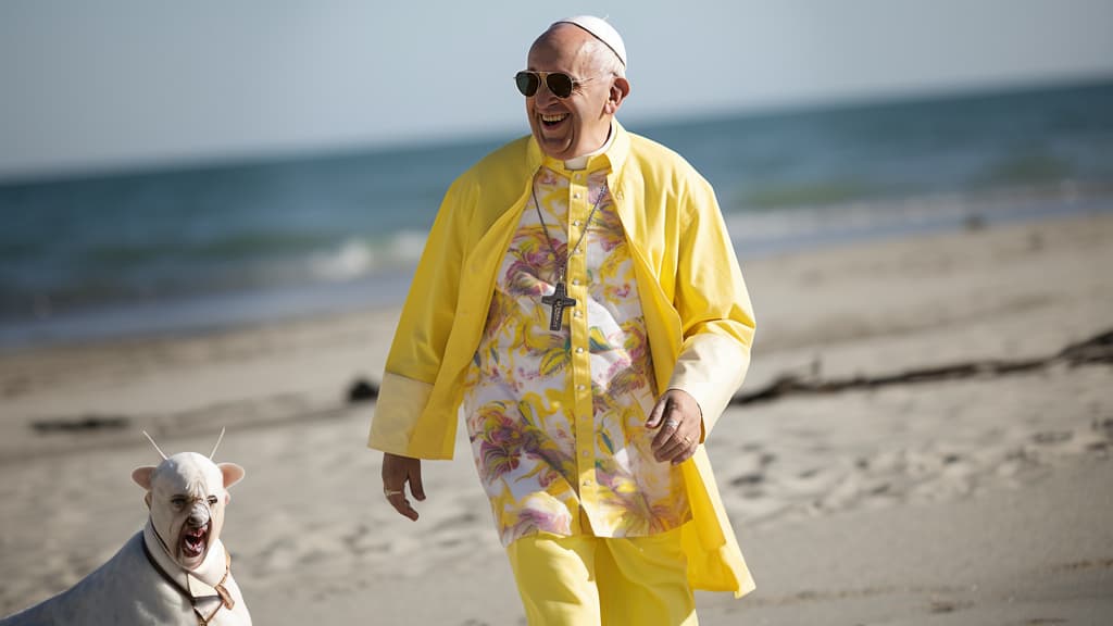 Une image générée par Midjourney à partir du prompt "Le pape François à la plage en chemise hawaïenne jaune avec son chien et une giraffe"