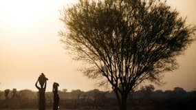 Une femme et une fille portent de la nourriture provenant d'un centre d'aide humanitaire à Ngop au SOudan du Sud, le 10 mars 2017