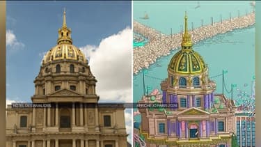 Le dôme des Invalides à gauche et comment il est représenté sur l'affiche des JO de Paris à droite. 