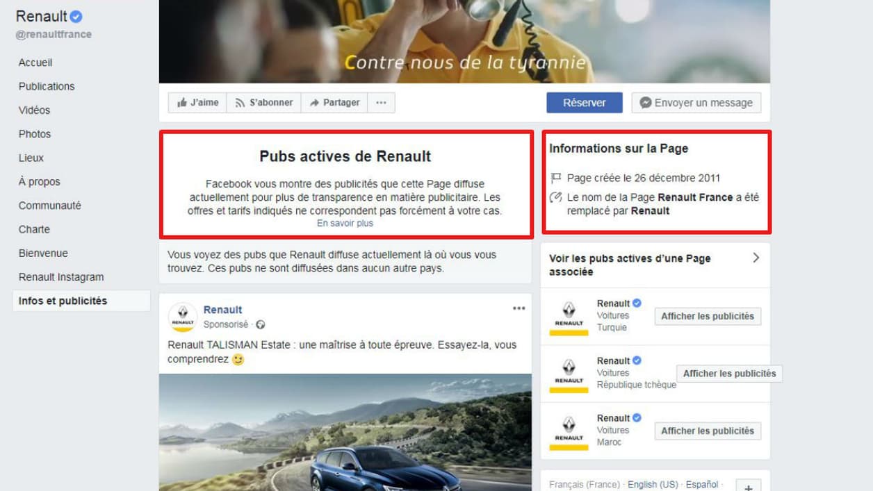 La page Facebook de Renault