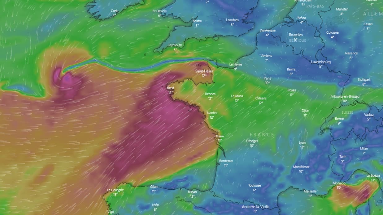 Modélisation des bourrasques attendues dans la nuit de jeudi à vendredi sur l'Ouest de la France. Modélisation des bourrasques attendues dans la nuit de jeudi à vendredi sur l'Ouest de la France.