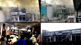 Images de témoins des dégâts provoqués par une double explosion dans l'aéroport de Bruxelles le 22 mars 2016.