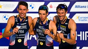 Le triplé français de Léo Bergère, Pierre Le Corre et Dorian Coninx, aux championnats d'Europe de triathlon le 13 août 2022