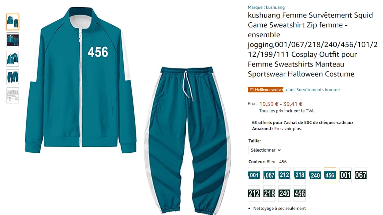Un costume "Squid Game" sur Amazon