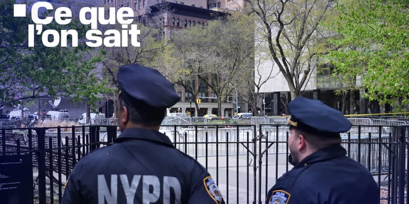 Des policiers déployés aux abords du tribunal de Manhattan où un homme a tenté de s'immoler par le feu, le 19 avril 2024.