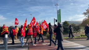 Des salariés manifestent devant le siège de Leroy Merlin, le 13 novembre 2024, à Lezennes (Nord)