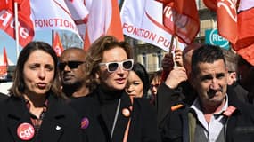 Sophie Binet (CGT), Marylise Léon (CFDT) et Frédéric Souillot (FO) le 19 mars 2024 à Paris (photo d'illustration). 