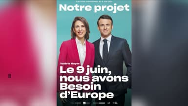 Le livret programmatique de la liste Renaissance aux élections européennes avec la candidate Valérie Hayer aux côtés d'Emmanuel Macron.