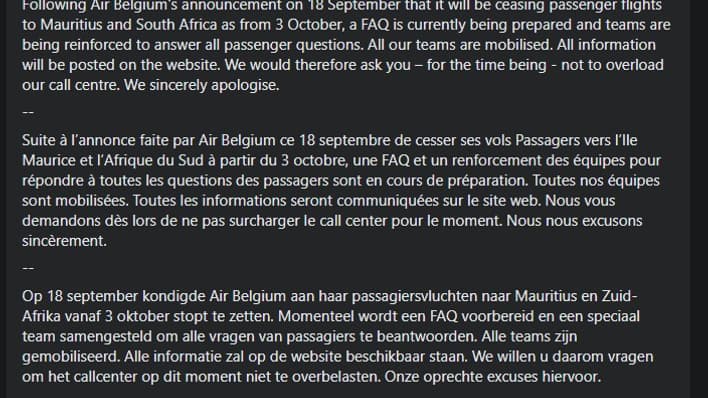 Communiqué de Air Belgium sur Facebook Communiqué de Air Belgium sur Facebook