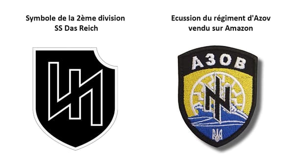 Le logo de la 2ème division SS Das Reich et le symbole utilisé par le régiment d'Azov, en Ukraine, sur un écusson vendu sur Amazon.