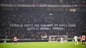 La banderole des supporters lyonnais contre Nasser Al-Khelaïfi lors du match contre le PSG (2-3, L1), le 23 février 2025