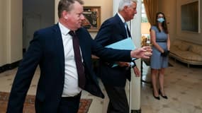 Les négociateurs britannique David Frost, à gauche, et européen, Michel Barnier, à Bruxelles le 21 août 2020