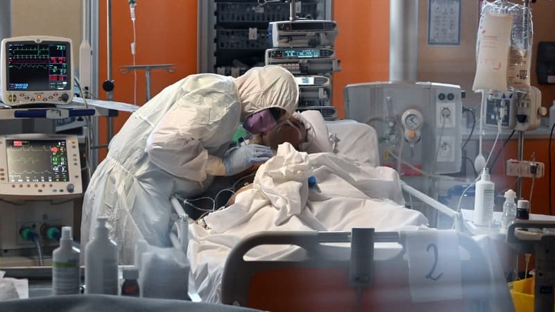 Un médecin dans un hôpital de Casal Palocco en Italie, au chevet d'une personne atteinte du Covid-19 en soins intensifs