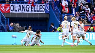 La joie des joueuses de l'OL en demi-finale retour de Ligue des champions féminine, 28 avril 2024