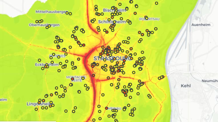 Carte de la pollution au dioxyde d'azote autour des écoles de Strasbourg. Carte de la pollution au dioxyde d'azote autour des écoles de Strasbourg.