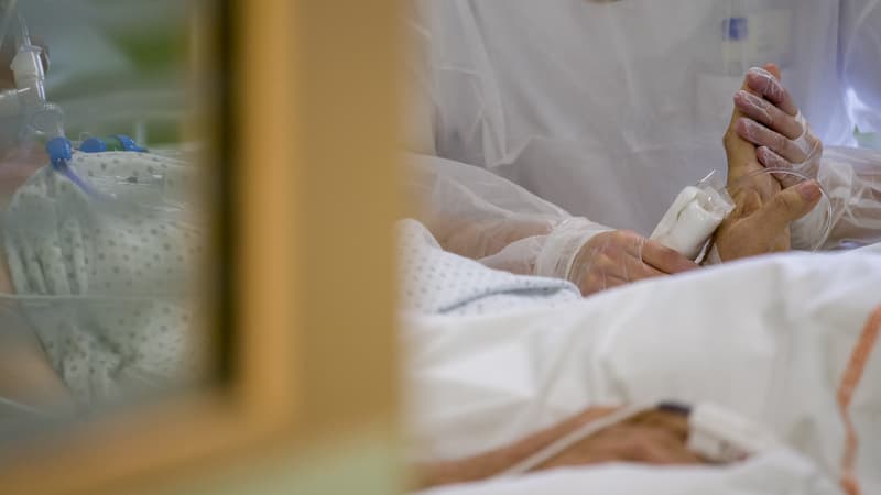 Un kinésithérapeute effectue des soins de rééducation sur un patient Covid de réanimation à l'hôpital central de Nancy, le 8 février 2021