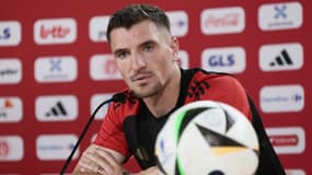 Thomas Meunier en conférence de presse avec la Belgique (Euro), le 27 juin 2024