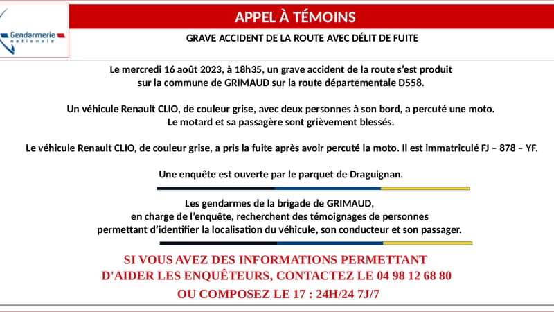 La gendarmerie du Var lance un appel à témoins pour identifier un véhicule après un grave accident.