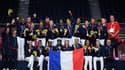 La joie des handballeuses françaises, championnes olympiques après leur victoire en finale face à la Russie (30-25), le 8 août 2021 aux Jeux Olympiques de Tokyo 2020