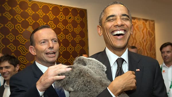 Le Premier ministre australien Tony Abbott en séance calin avec Barack Obama et un koala. Le Premier ministre australien Tony Abbott en séance calin avec Barack Obama et un koala.