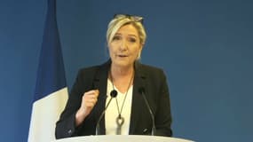Marine Le Pen, lors de ses vœux à la presse, au siège du Rassemblement national, à Nanterre (Hauts-de-Seine), le 16 janvier 2020.