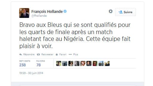 François Hollande a salué la qualification pour les quarts de finale de la Coupe du monde