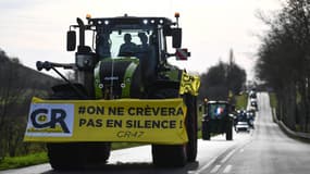 Des agriculteurs conduisent des tracteurs en convoi, après les appels du syndicat Coordination rurale à bloquer le marché de Rungis, à Villeneuve-sur-Lot, le 29 janvier 2024.