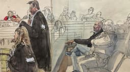 Croquis d'audience montrant Cédric Jubillar et ses avocats Alexandre Martin (C) et Emmanuelle Franck à son procès à la cour d'assises du Tarn, à Albi, le 23 septembre 2025