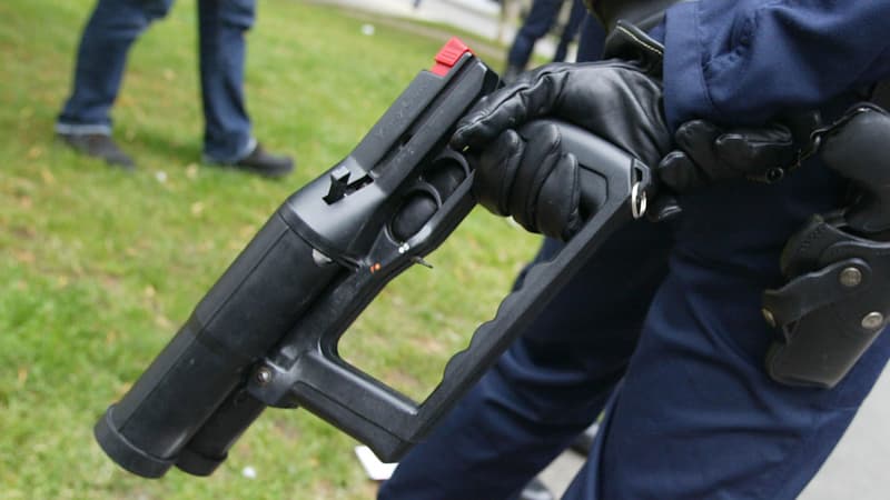 Un membre du groupement d'intervention régionale (GIR) des Hauts-de-Seine en possession d'un flashball dans le quartier Pablo Picasso, à Nanterre. 