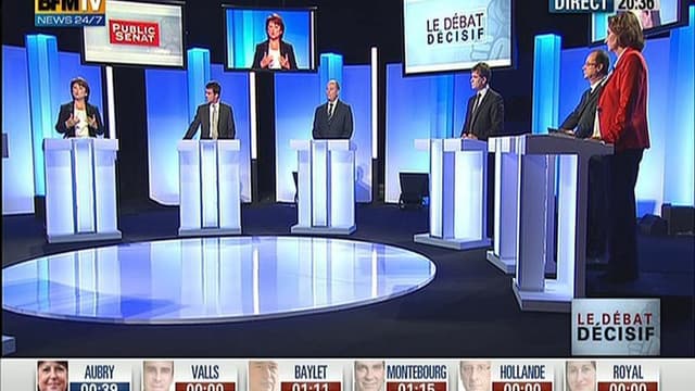Débat retransmis en direct sur BFM-TV lors de la primaire socialiste. Les chaînes de télévision d'information continue comme BFM-TV, i>Télé et LCI sont devenues une pièce centrale du dispositif des candidats à l'élection présidentielle française, qui sont