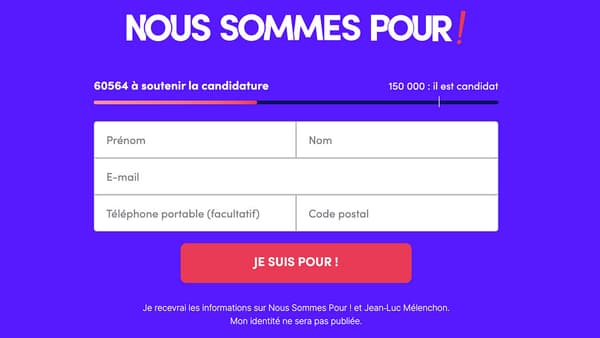 Le formulaire à remplir pour "soutenir la candidature de Jean-Luc Mélenchon" Le formulaire à remplir pour "soutenir la candidature de Jean-Luc Mélenchon"
