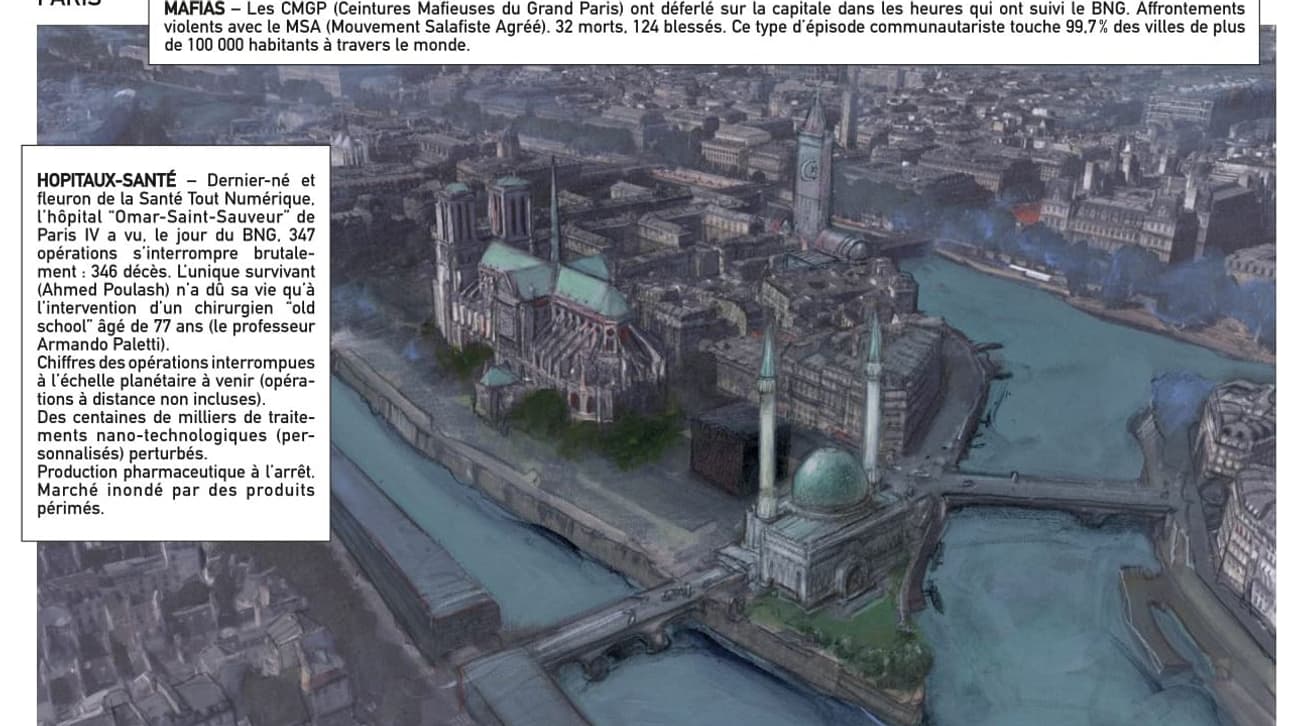 L'Île de la Cité avec Notre-Dame et une mosquée dans Bug d'Enki Bilal.
