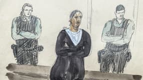 Croquis de Dahbia Benkired lors de son procès pour le meurtre de Lola le 17 octobre 2025 à la cour d'assises de Paris