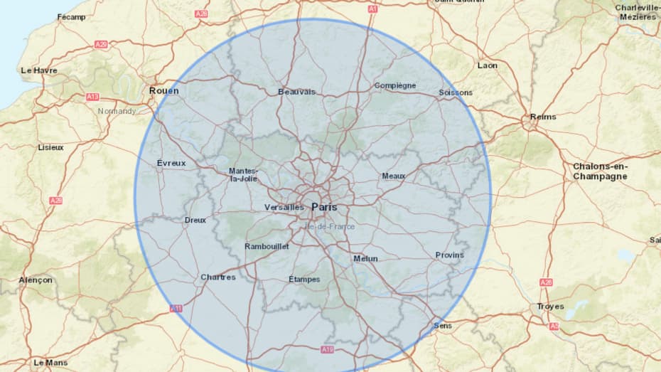 Un rayon de 100 km autour de Paris.