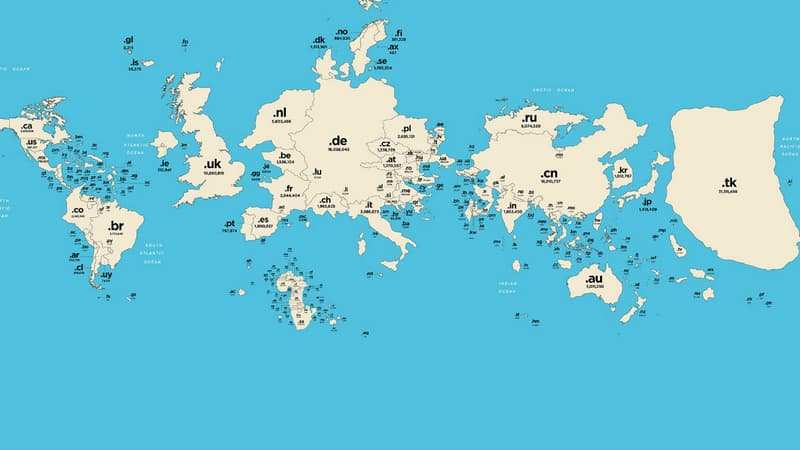 Sur la carte du monde des extensions de domaines, la taille de chaque pays est fonction du nombre de domaines enregistrés. C'est l'archipel de Tokelau le plus grand sur la carte!
