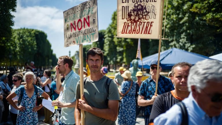 Paysans, politiques, scientifiques, citoyens, apiculteurs... rassemblés devant le Sénat à Paris en opposition à la loi Duplomb, le 30 juin 2025